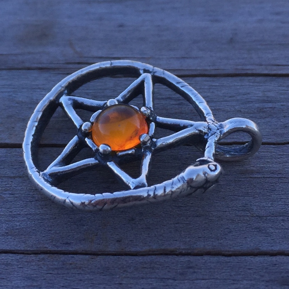 Snake Ouroboros Pentacle .925 Sterling Silver w/ genuine Amber made in USA - Picture 6 of 8